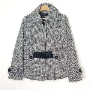 Point Zero By Nicole Benaski Houndstooth Peacoat White & Black Wool Blend Belted